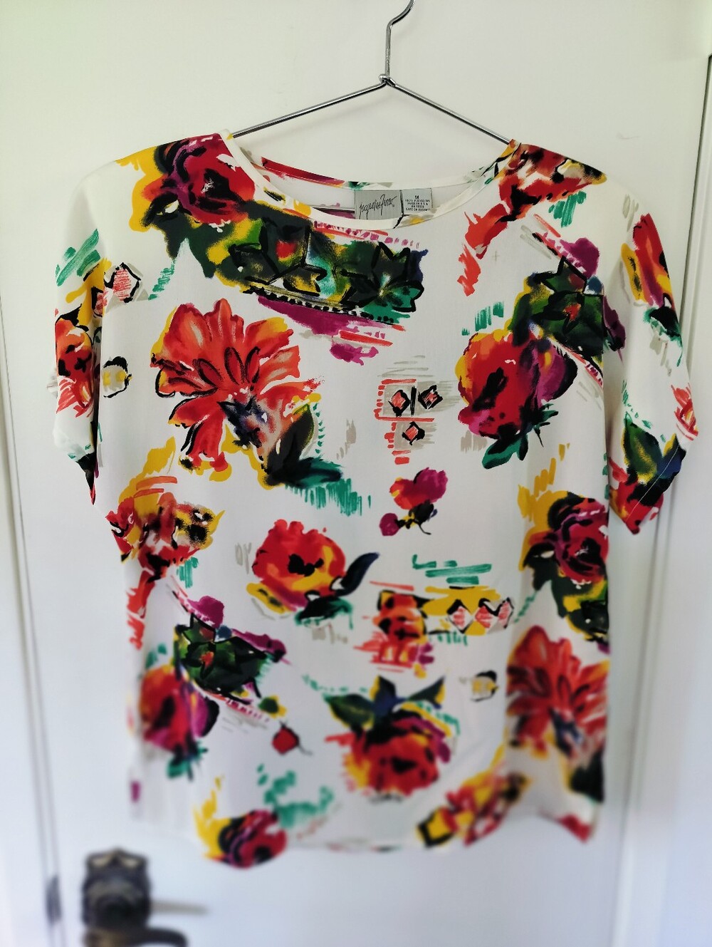 Vintage 1980s / 1990s Jacqueline Ferrar Watercolor Floral Short Sleeve Blouse M